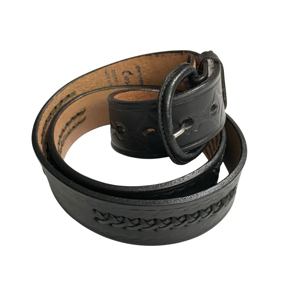 Vtg Mens Belt Black Leather 38 Handcrafted Mexico Cowboy Rodeo Western 1.5